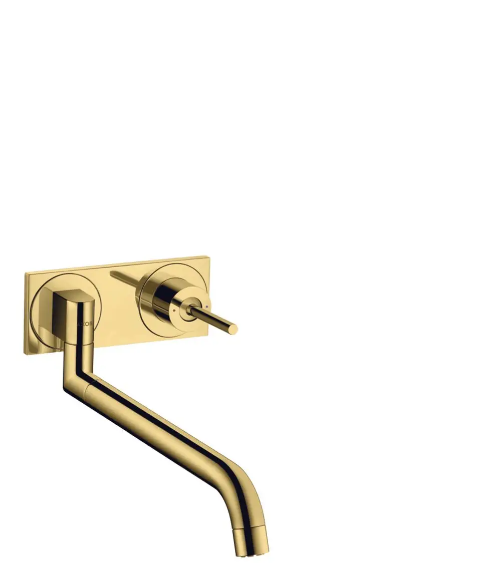 Wandmontierter Einhebel-Küchenmischer von AXOR in Polished Gold Optic mit einem gebogenen Auslauf und einem runden Bedienhebel.